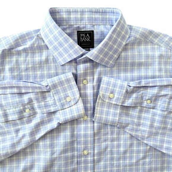 Jos A Bank Traveler Traditional Blue  Plaid Long Sleeve Button Up Dress Shirt - Picture 7 of 8
